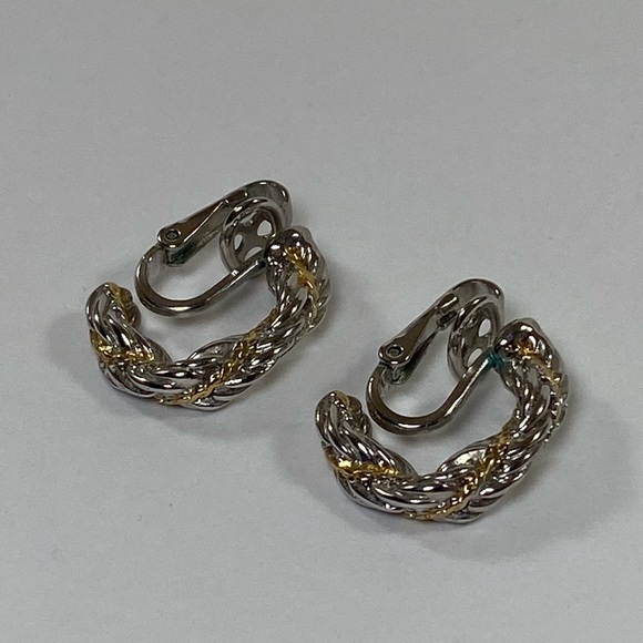 Trifari Silver and Gold Toned Twist Clip on Earrings - Picture 5 of 8